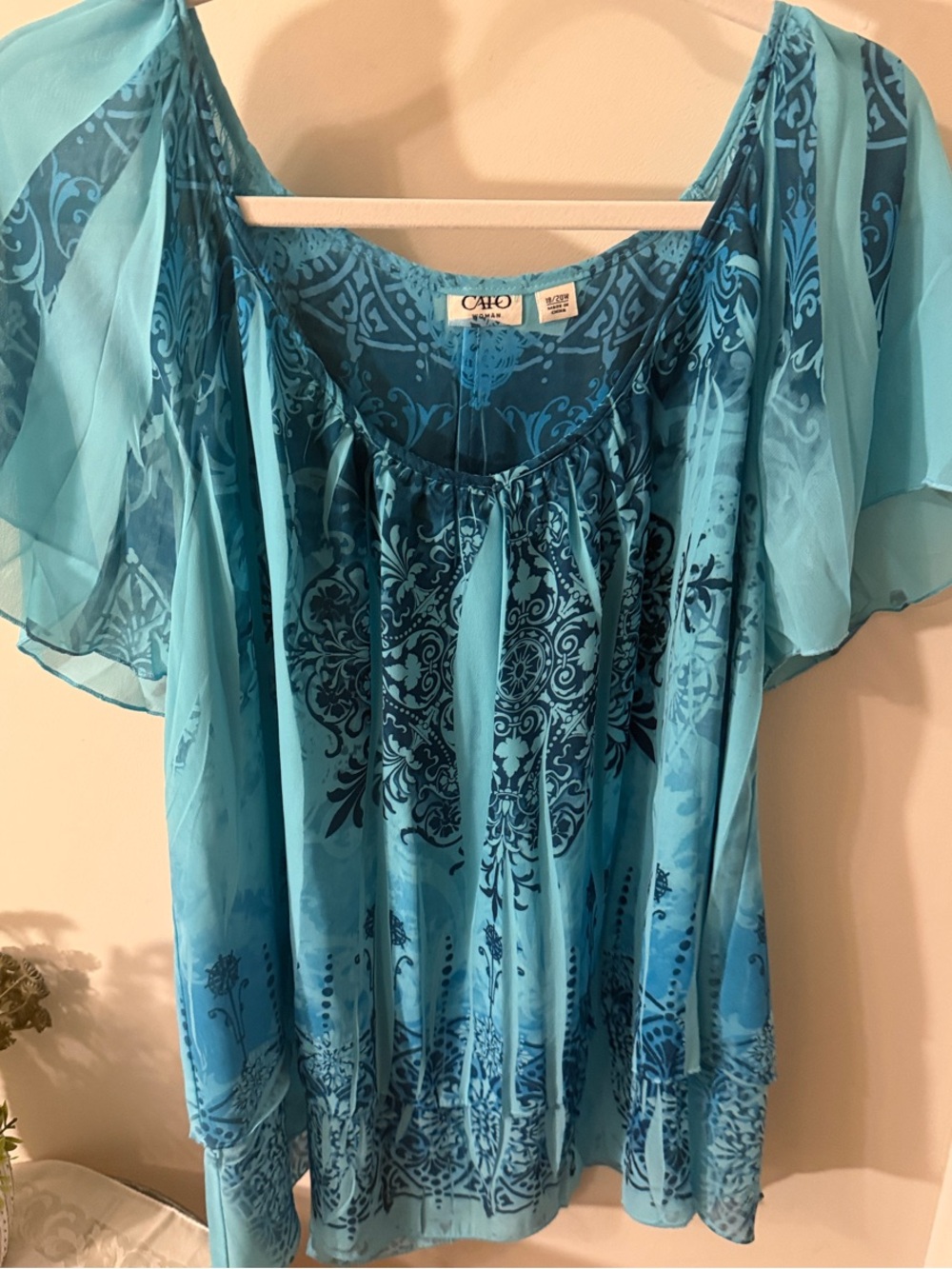 Cato Teal and Navy Printed Scoop Neck Peasant Blouse 18/20 flows beautifully